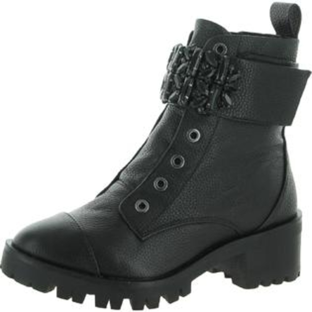Karl Lagerfeld Black Leather Pippq Lug Ankle Boot with Jewel Strap Detail